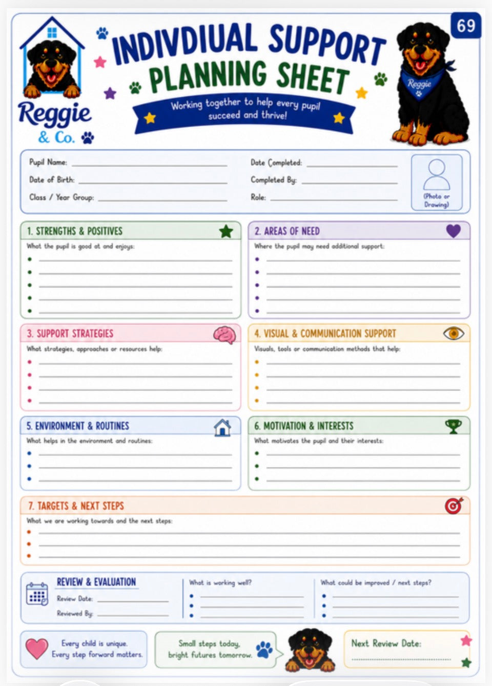A  individual support planning sheet template featuring illustrations of two Rottweiler dogs, with sections for tracking  information, strengths and positives, areas of need, support strategies, environment and routines, motivation and interests, and review and evaluation.