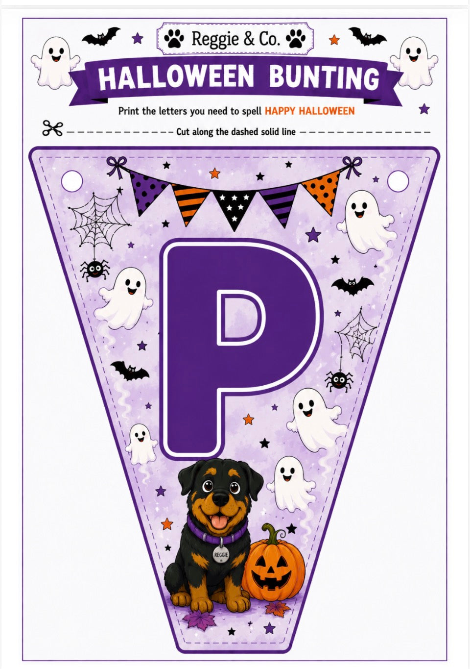 Halloween bunting banner template featuring a large purple letter 'P' with a Rottweiler and pumpkin, surrounded by ghosts, bats, and stars on a light purple background. The header reads 'Reggie & Co.