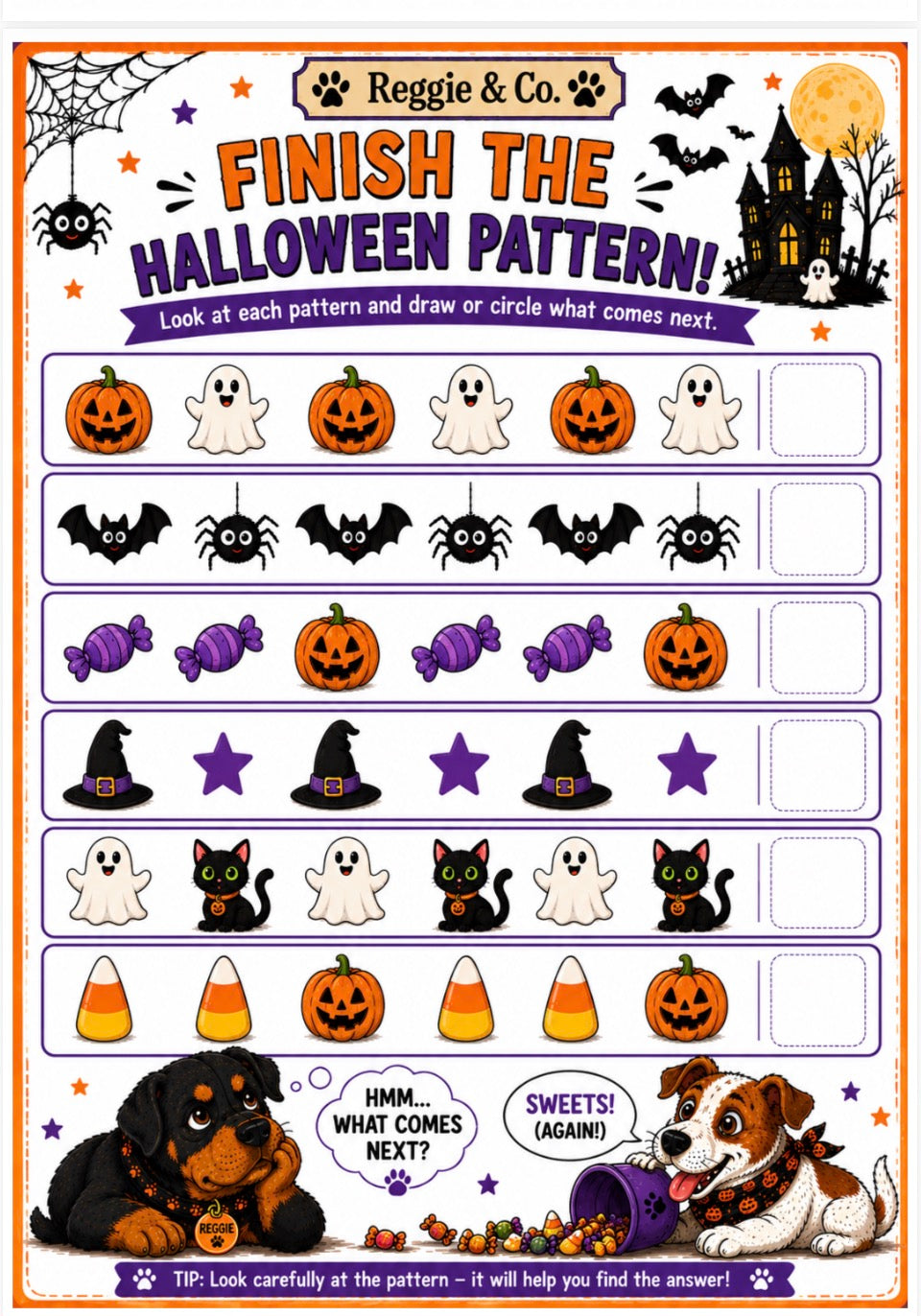 A Halloween-themed printable worksheet titled 'Finish the Halloween Pattern!' by Reggie & Co. The page shows rows of seasonal icons like pumpkins, ghosts, bats, candy, hats, and candy corn, with spaces to draw or circle the next item.