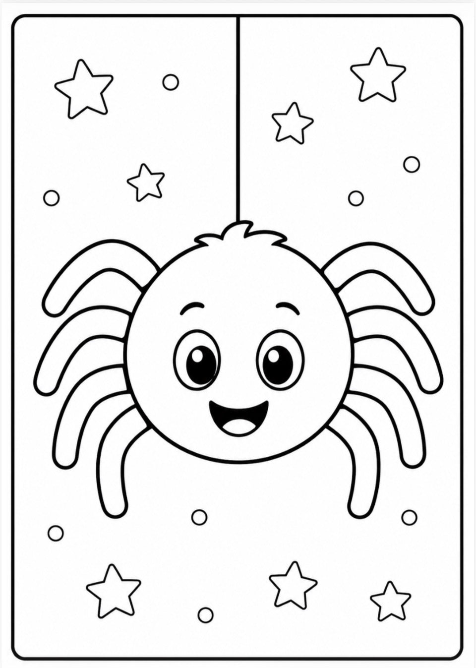 Black and white cartoon spider coloring page with a smiling spider face and stars on a rectangular sheet.