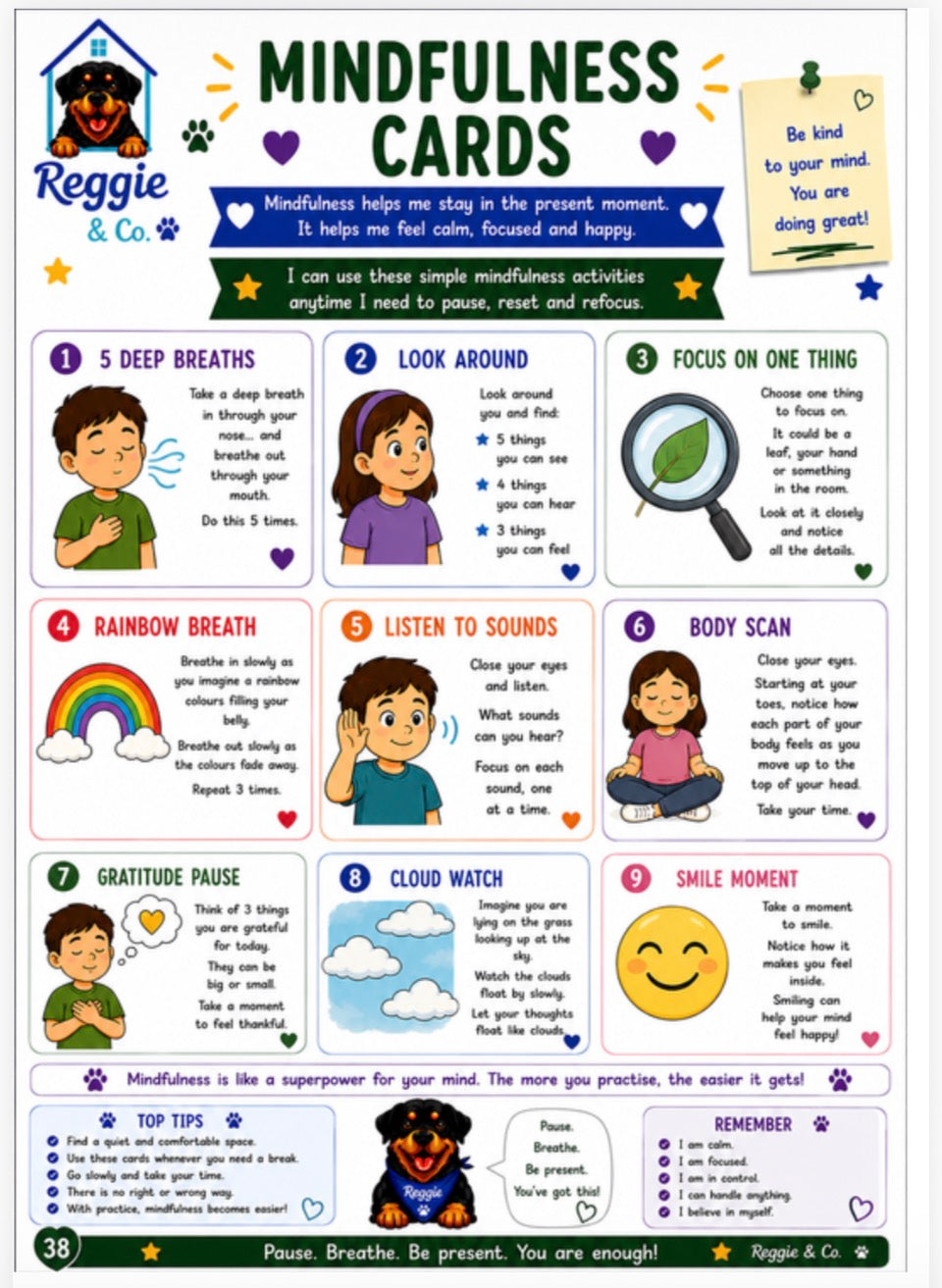 Reggie & Co. 'Mindfulness Cards' printable or physical card set featuring a colorful educational guide with illustrations and short mindfulness activities like deep breaths, rainbow breath, gratitude pause, cloud watch, smile moment.