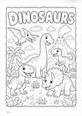 Coloring page with dinosaurs around a volcano