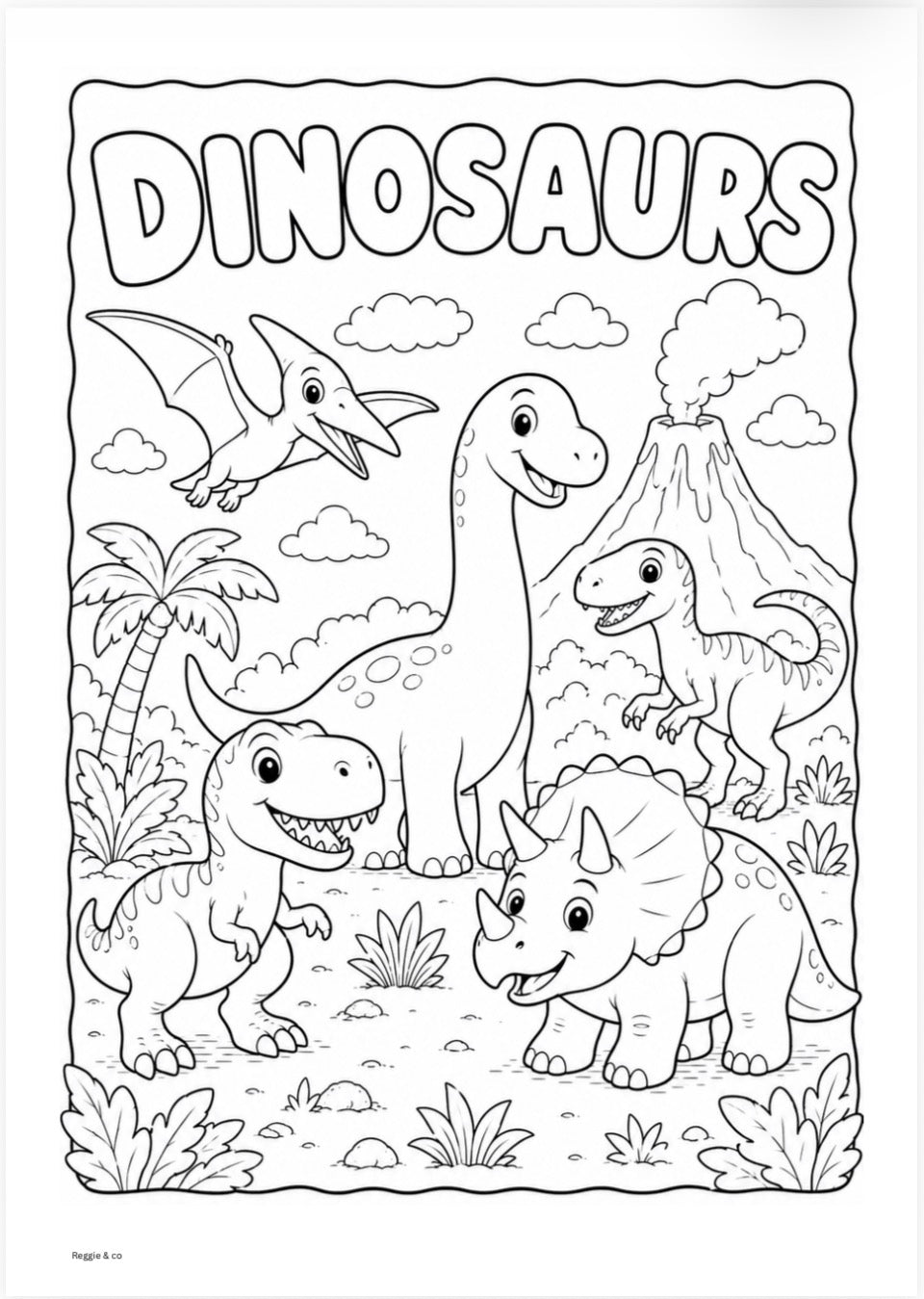 Coloring page with dinosaurs around a volcano