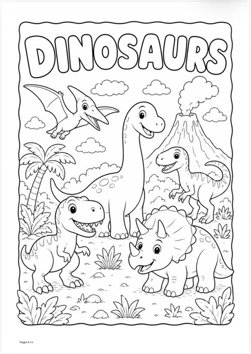 Coloring page with dinosaurs around a volcano