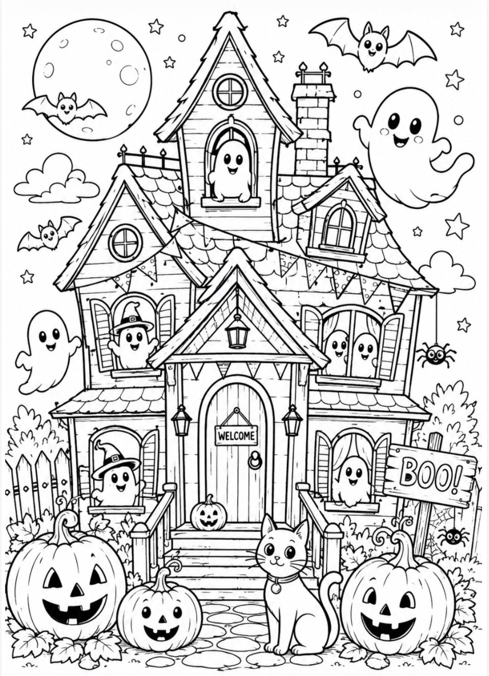 Black and white Halloween coloring page featuring a haunted house with ghosts, jack-o'-lanterns, bats, a cat, and a 'BOO!' sign.