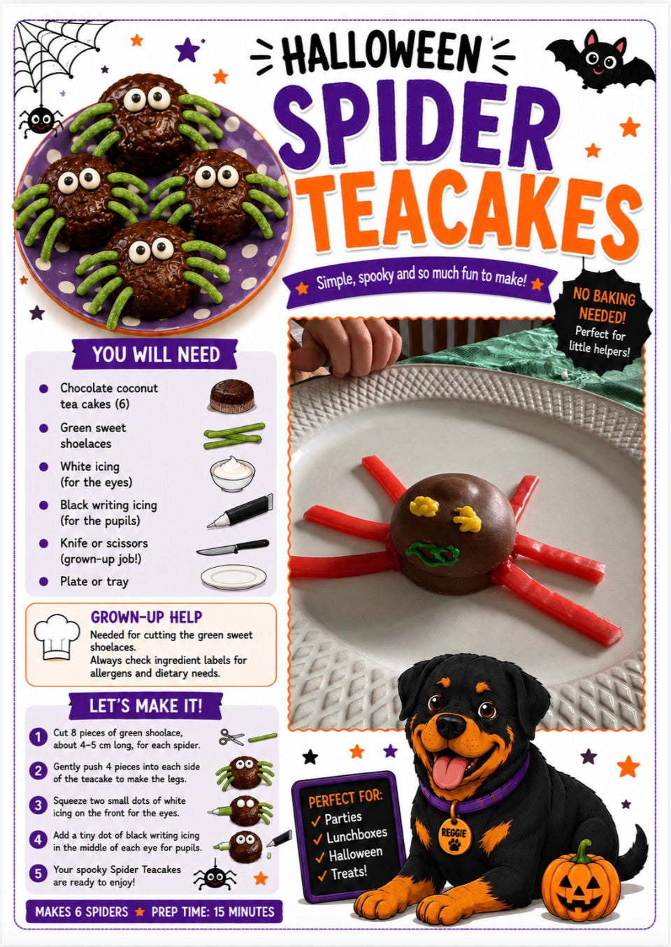 A colorful Halloween-themed printable activity sheet for making spider teacakes, featuring step-by-step instructions, ingredient lists, a plate of finished treats, a black-and-white dog illustration, and a small photo of a child's hands assembling one.