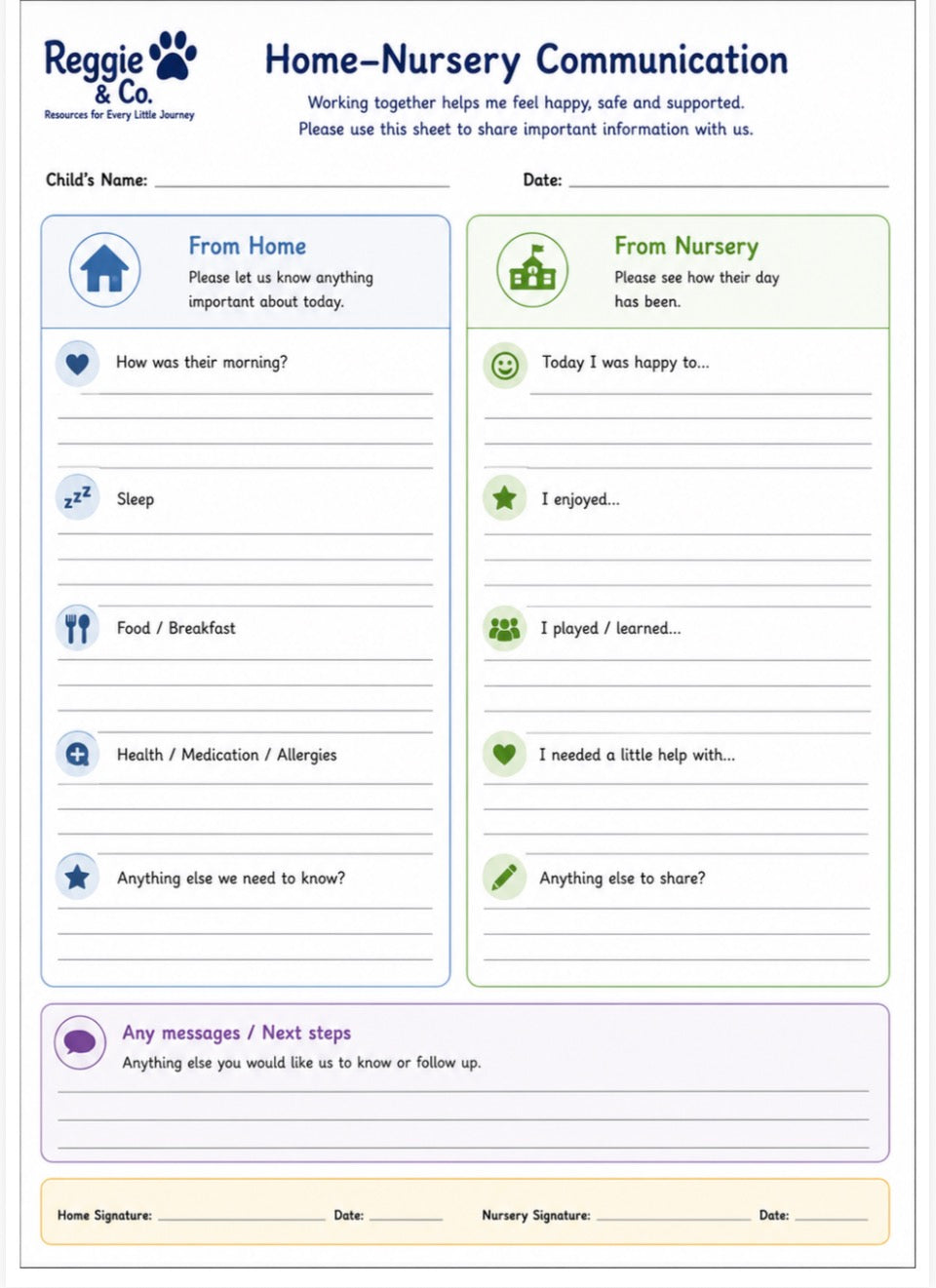 A printable home-and-nursery communication sheet from Reggie & Co. with labeled sections for From Home and From Nursery, including fields for child's name, date, daily updates, and signatures at the bottom.
