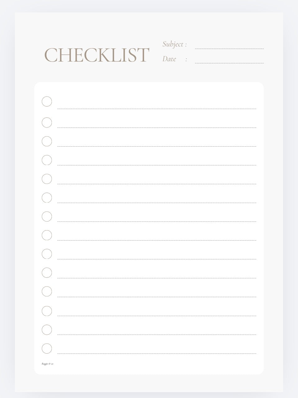 Checklist template with subject and date fields on a white background