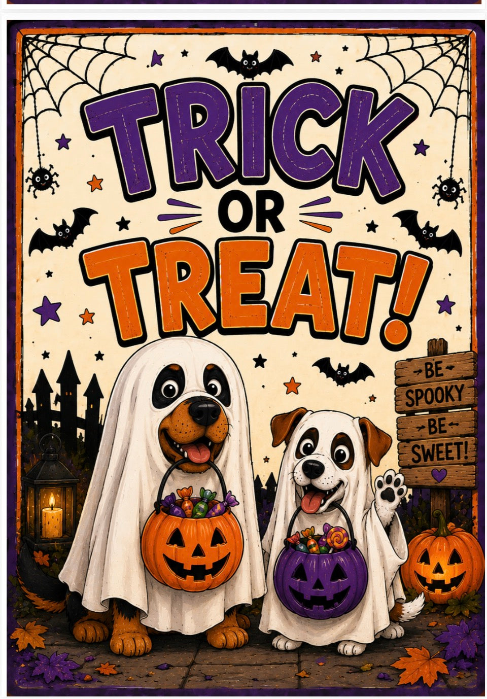 A Halloween-themed art print featuring two dogs dressed as ghosts, with one holding an orange jack-o'-lantern bucket and the other holding a purple jack-o'-lantern bucket. The background has a spooky castle, bats, spiderwebs, and the text 'TRICK OR TREAT!' in large purple and orange letters.