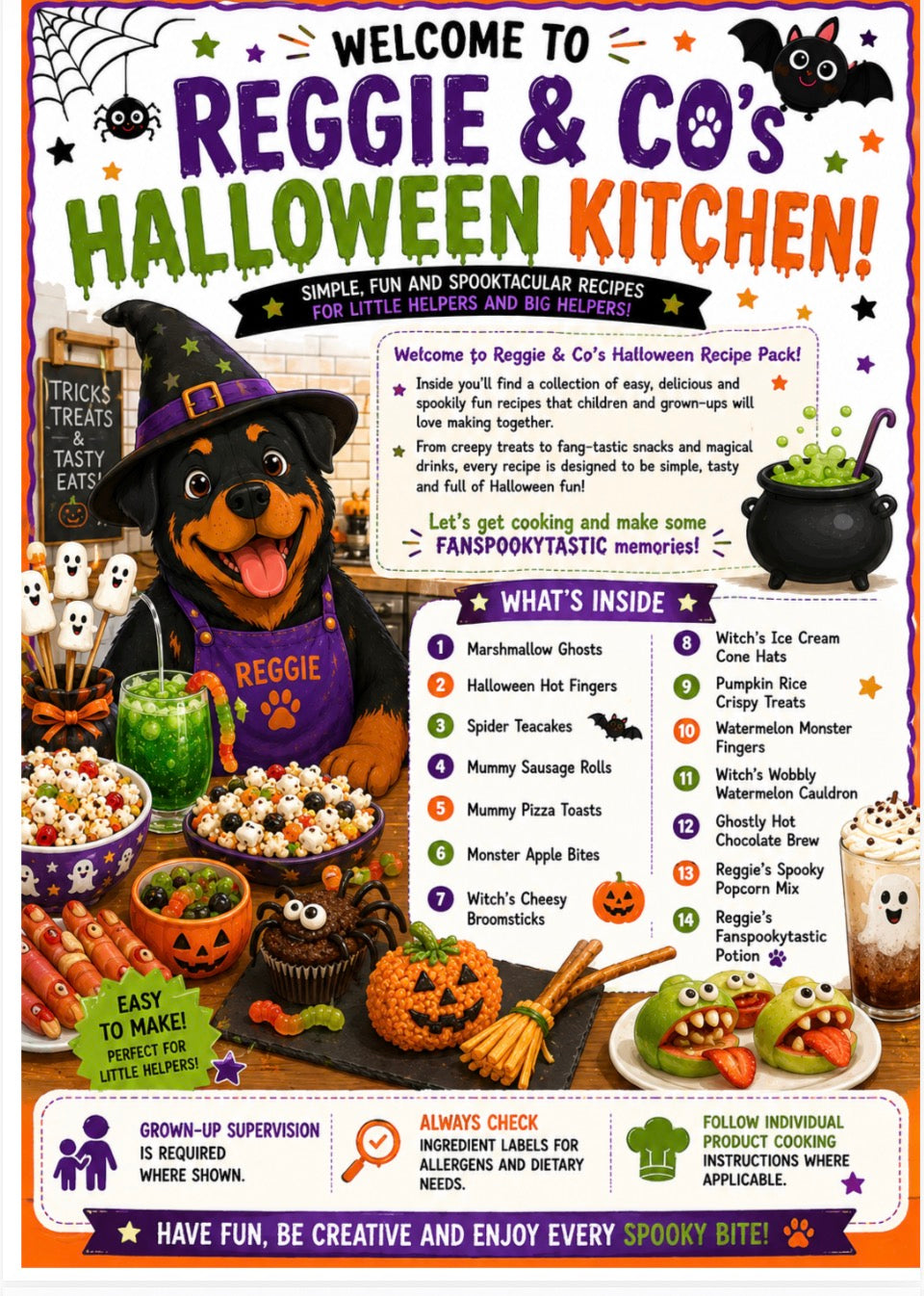 A colorful Halloween-themed recipe pack cover for 'Reggie & Co's Halloween Kitchen' featuring illustrated characters, spooky treats, and a list of included recipes on a festive illustrated background.