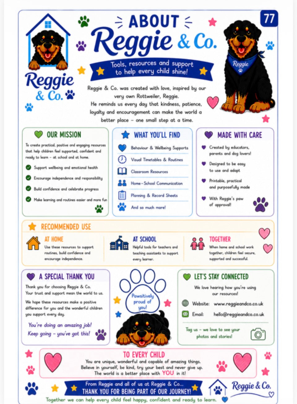 A printed informational poster or flyer for 'Reggie & Co.' featuring cartoon dog illustrations, paw prints, hearts, stars, and sections with text about the organization's mission, what you'll find, recommended use, at school, together, and contact information.