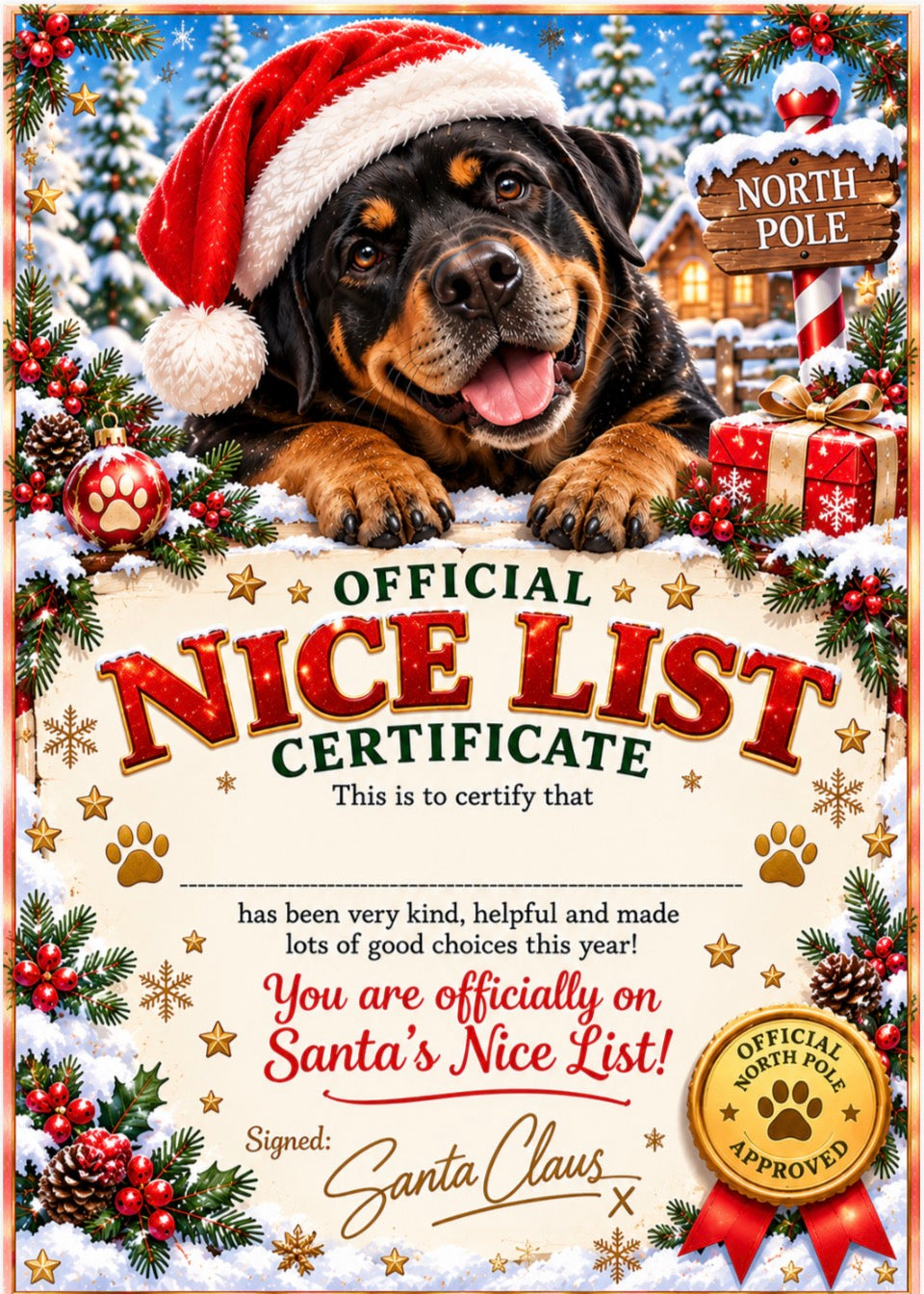 A festive Christmas-themed 'Official Nice List Certificate' featuring a Rottweiler dog wearing a Santa hat, surrounded by snow, pine branches, ornaments, gifts, and a gold seal. The certificate text reads 'This is to certify that has been very kind, helpful and made lots of good choices this year! You are officially on Santa's Nice List!' and is signed by Santa Claus.