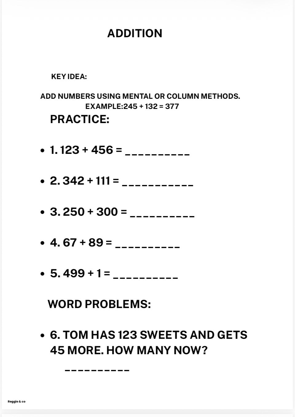 Math worksheet with addition problems and word problem on a white background