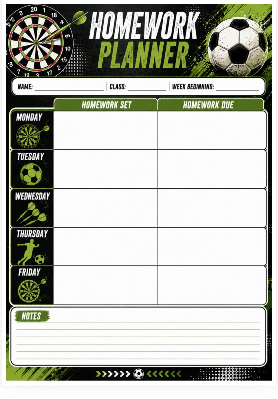 A soccer-themed homework planner page with a black, white, and green design. It features a dartboard graphic in the top left, a soccer ball graphic in the top right, and columns for Monday through Friday to track homework sets and due dates.
