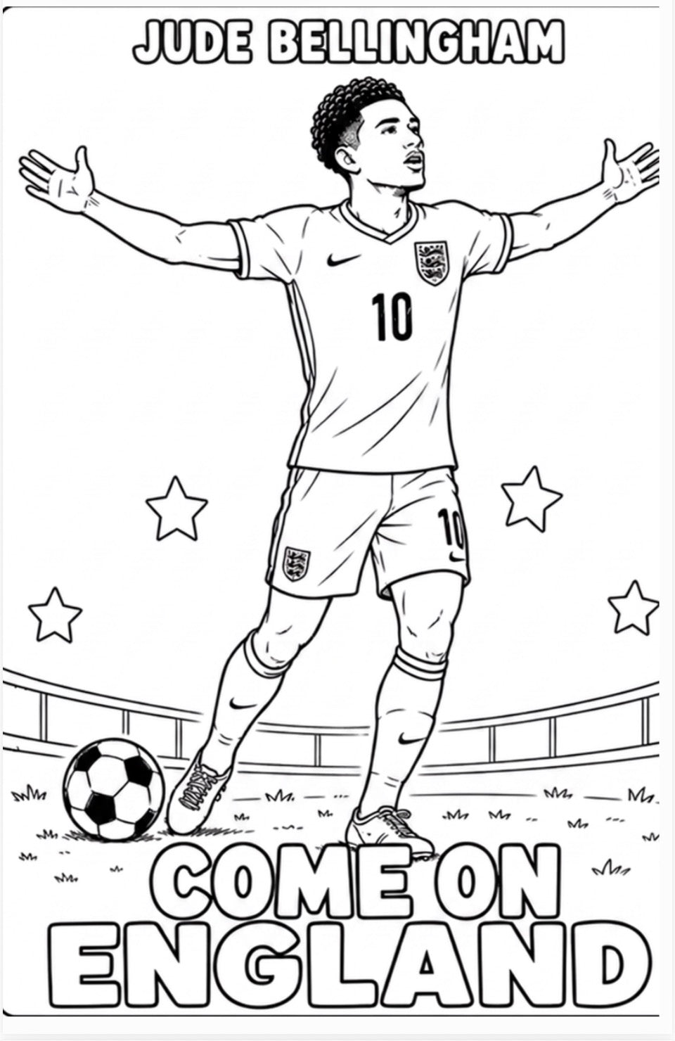 Coloring book page with a soccer player and text 'Jude Bellingham, Come on England' on a white background.