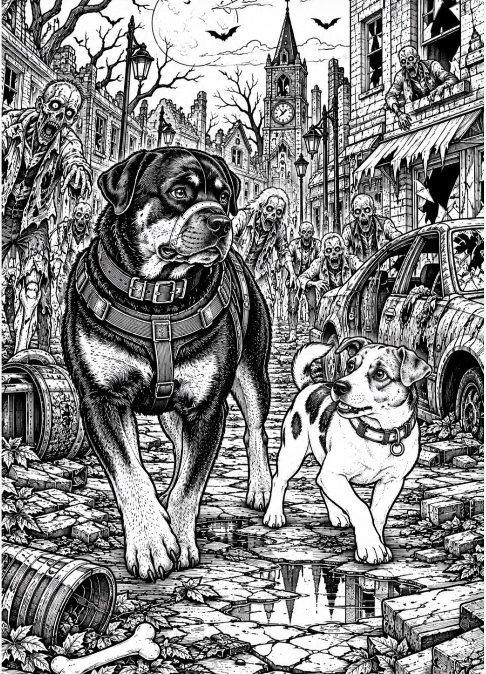 Black and white horror illustration featuring two dogs in a zombie-infested city street, with skeletons, ruined buildings, a clock tower, and a broken car in the background.
