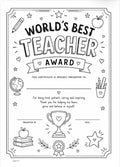 Black and white certificate for 'World's Best Teacher' with decorative elements on a white background.