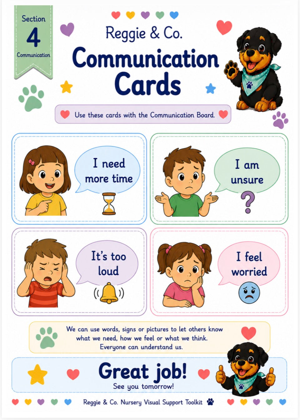 Front cover of a children's educational visual support tool titled 'Reggie & Co. Communication Cards', showing cartoon children, hearts, paw prints, and text panels for expressing feelings and needs.