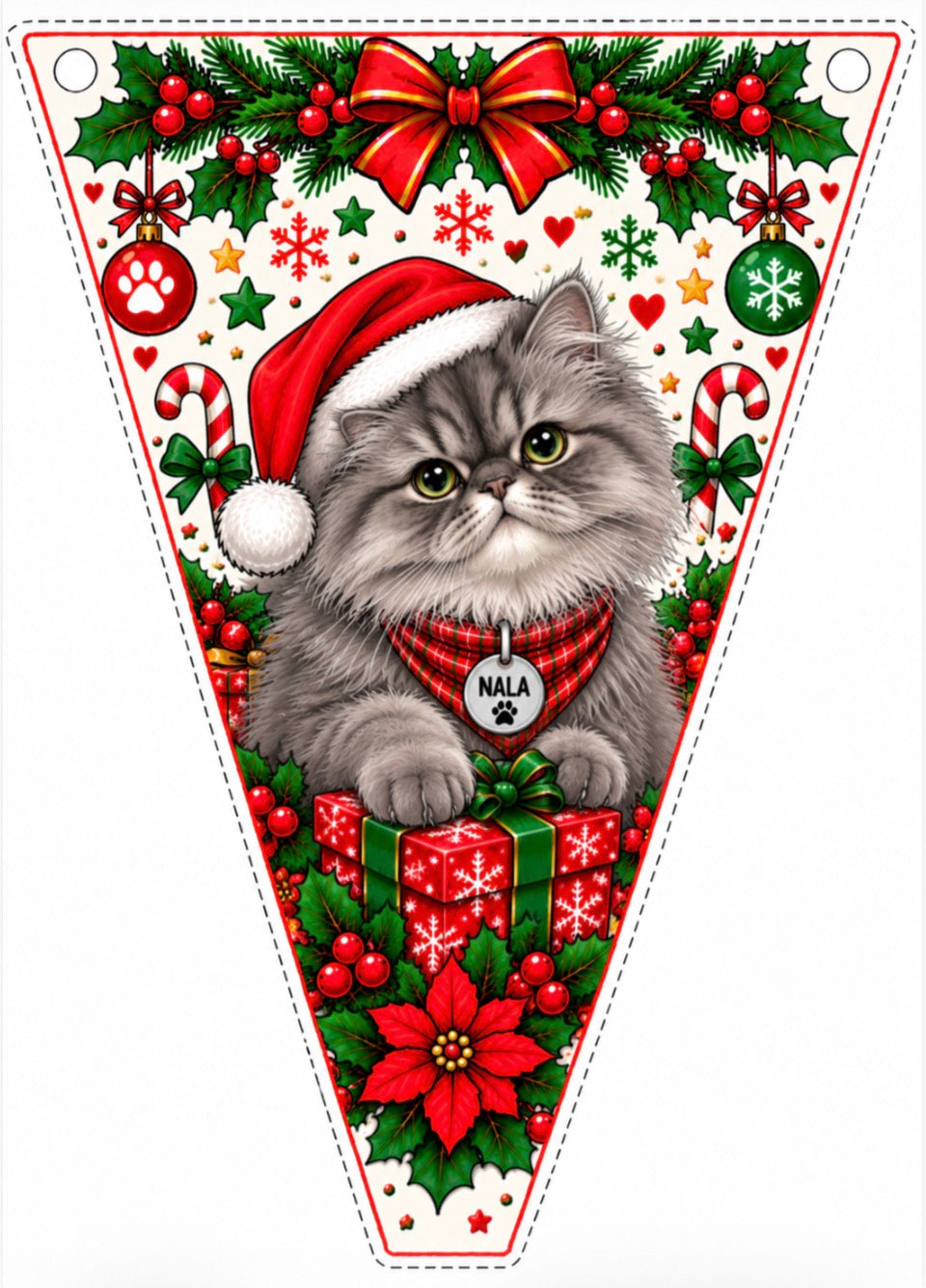 A triangular Christmas banner flag featuring a fluffy gray cat wearing a red Santa hat and a red plaid bandana with a paw-print tag that reads 'MAYA'. The cat is posed over red gift boxes, surrounded by festive holiday decorations including holly, pine branches, candy canes, ornaments, snowflakes, and red wrapped presents on a white background.