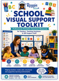 Promotional graphic for the Reggie & Co School Visual Support Toolkit, featuring a colorful cover design with the title, illustrations of books and alphabet letters, a classroom scene with a teacher and children, and a Rottweiler dog wearing a Reggie collar.