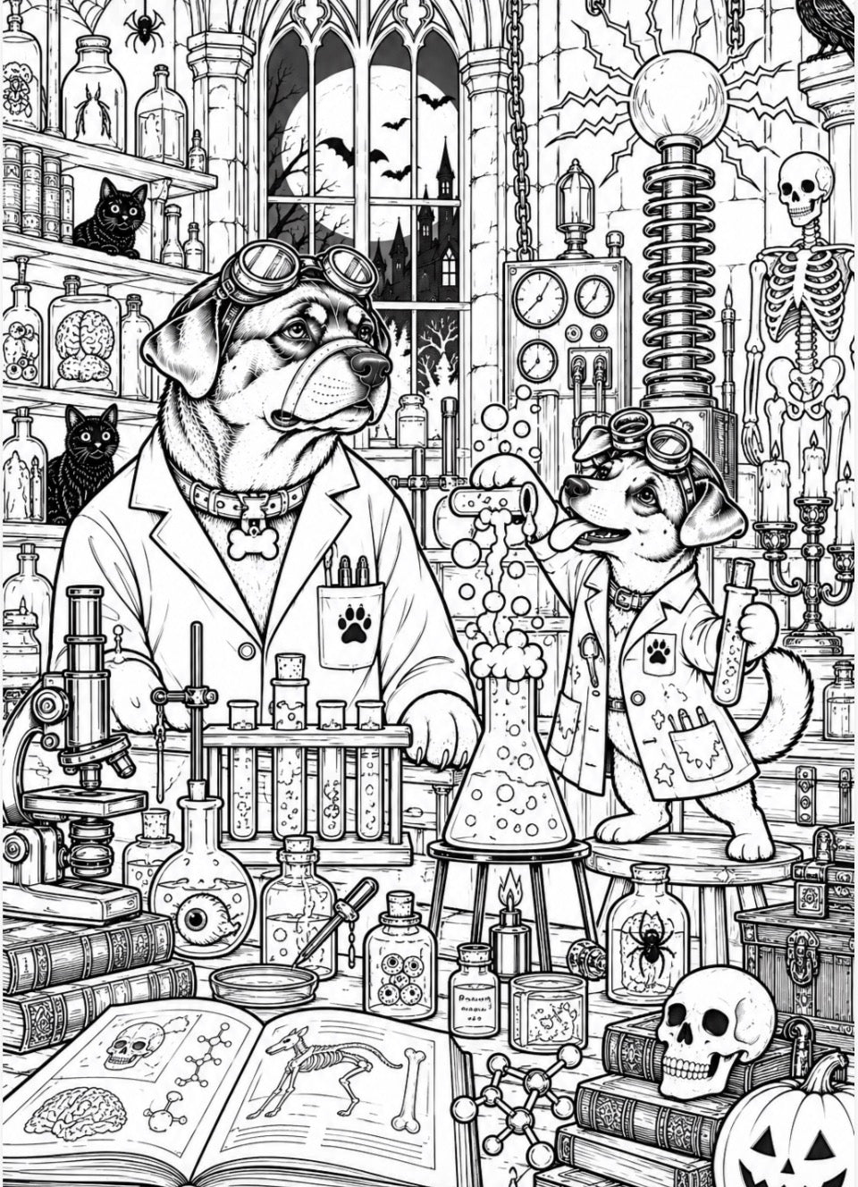 Black and white line art illustration of two dogs dressed in lab coats and goggles inside a detailed gothic laboratory filled with bottles, beakers, books, a skeleton, and Halloween-themed decor.