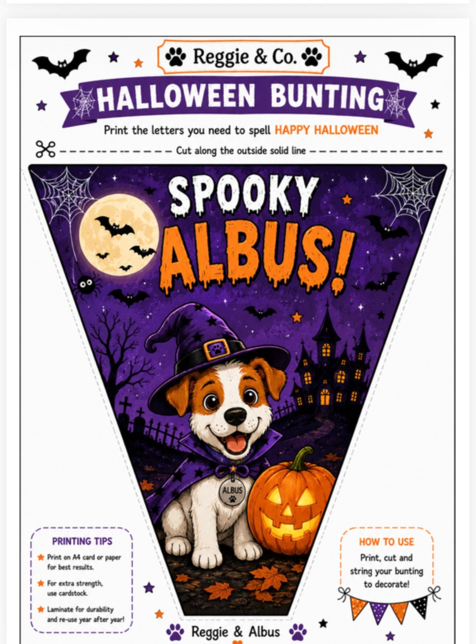 Halloween bunting banner template featuring a cartoon dog dressed as a witch with a jack-o'-lantern, on a purple spooky background. The banner includes printed text reading 'Spooky Albus' and branding for 'Reggie & Co.