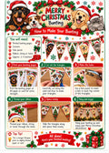 A festive DIY Christmas bunting instruction poster featuring illustrations of dogs wearing Santa hats, step-by-step how-to panels on how to make bunting flags, and a checklist of materials. The design uses red, green, and white holiday colors with dog-themed graphics.