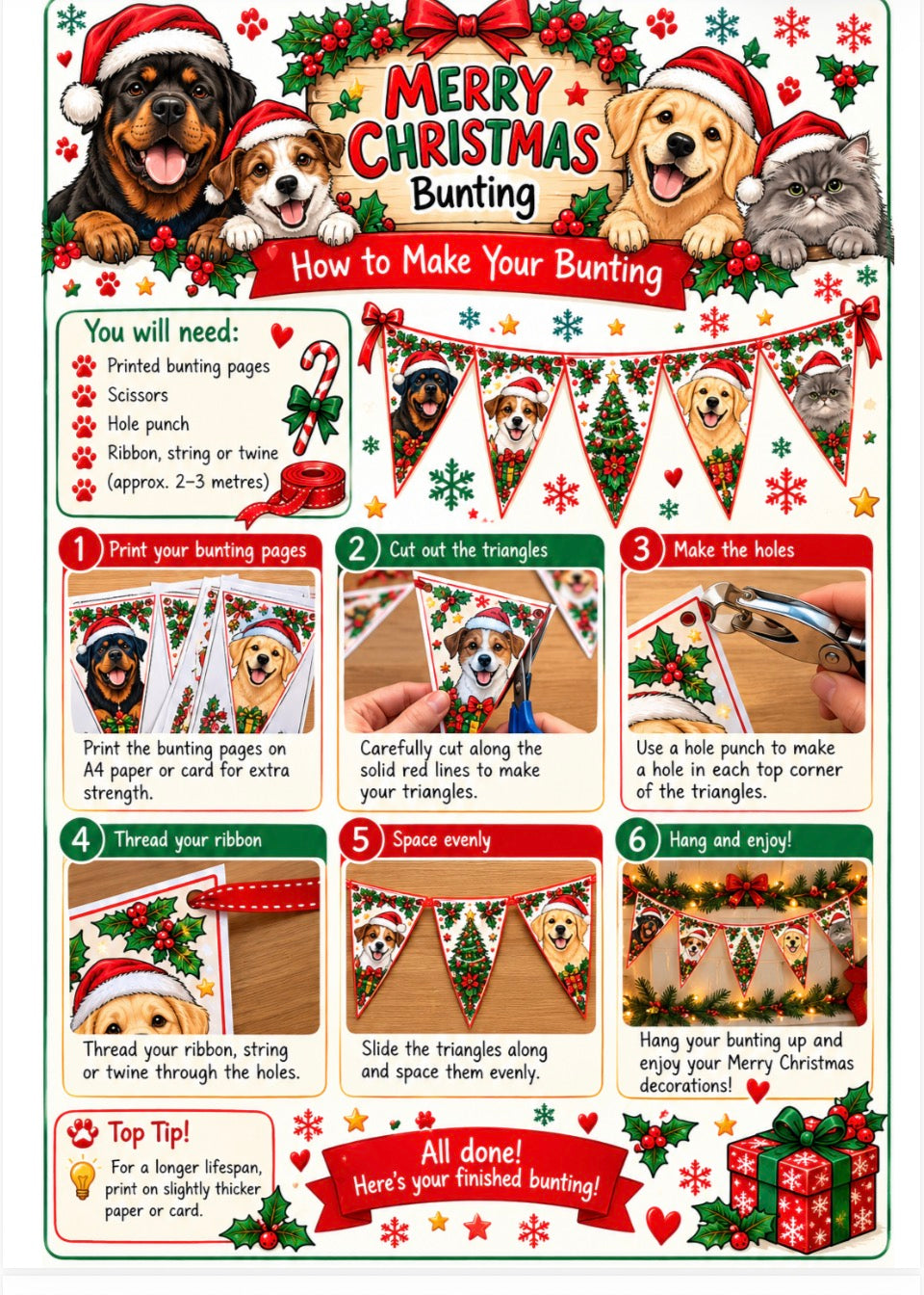 A festive DIY Christmas bunting instruction poster featuring illustrations of dogs wearing Santa hats, step-by-step how-to panels on how to make bunting flags, and a checklist of materials. The design uses red, green, and white holiday colors with dog-themed graphics.