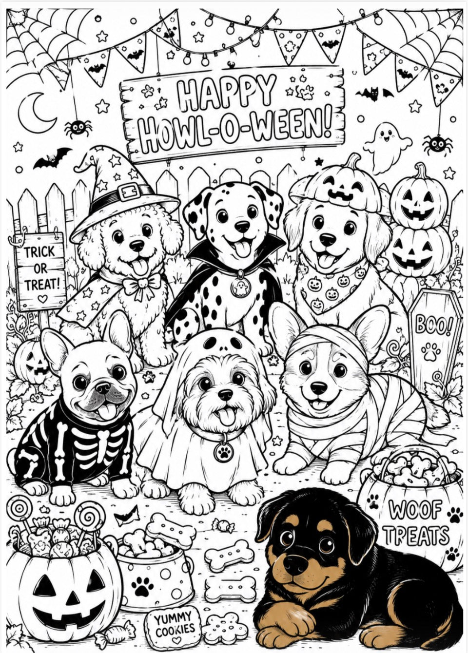 Black and white Halloween coloring page featuring cartoon dogs in costumes, pumpkins, banners, treats, and the text 'Happy Howl-O-Ween!' and 'Woof Treats'.