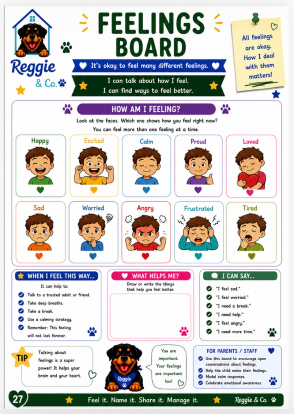 An educational 'Feelings Board' poster for children, featuring a grid of cartoon illustrations of different emotions, guidance on how to express feelings, and spaces for parent or staff notes. The brand 'Reggie & Co.