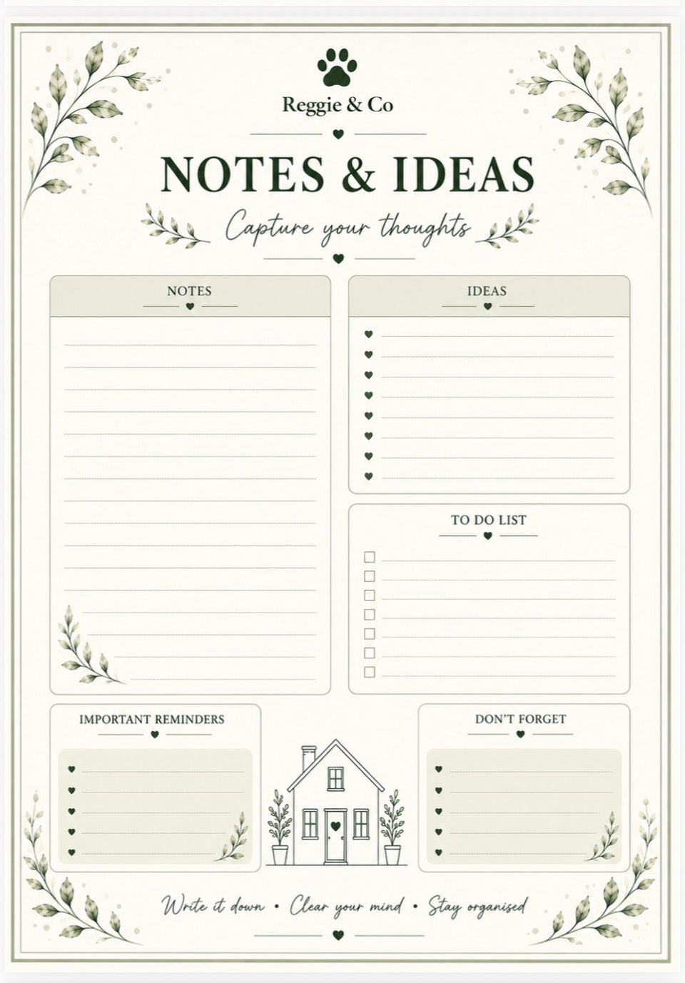 A printable notes and ideas planner page from Reggie & Co, featuring a clean cream and sage green design with multiple labeled sections for notes, ideas, to-do list, important reminders, and don't forget items, framed by delicate botanical illustrations.