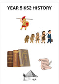 A digital graphic or cover for a Year 5 KS2 History educational resource, featuring cartoon illustrations of a Roman soldier, human evolution, ancient books, an inscription scroll, the pyramids, and the text 'YEAR 5 KS2 HISTORY' on a white background.