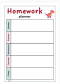 A printable weekly homework planner page titled 'Homework planner' with columns for Monday through Friday and a small cartoon dinosaur near the top right.