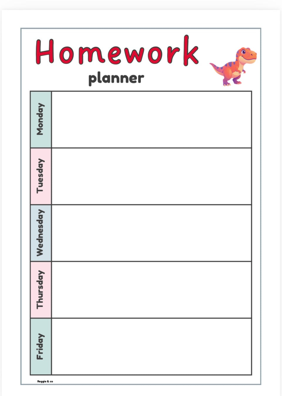 A printable weekly homework planner page titled 'Homework planner' with columns for Monday through Friday and a small cartoon dinosaur near the top right.