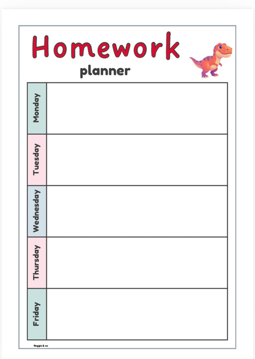 A printable weekly homework planner page titled 'Homework planner' with columns for Monday through Friday and a small cartoon dinosaur near the top right.