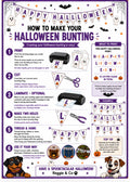 A printed Halloween bunting making guide poster with purple borders, 'HAPPY HALLOWEEN' banner graphics, step-by-step instructions for making hanging flags, a small black-and-white bunting sample, and dog illustrations at the bottom.