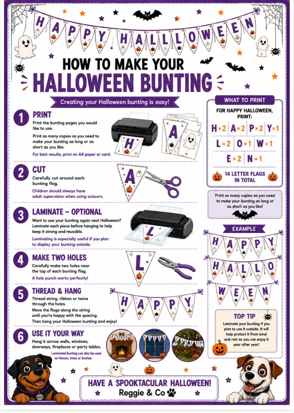 A printed Halloween bunting making guide poster with purple borders, 'HAPPY HALLOWEEN' banner graphics, step-by-step instructions for making hanging flags, a small black-and-white bunting sample, and dog illustrations at the bottom.