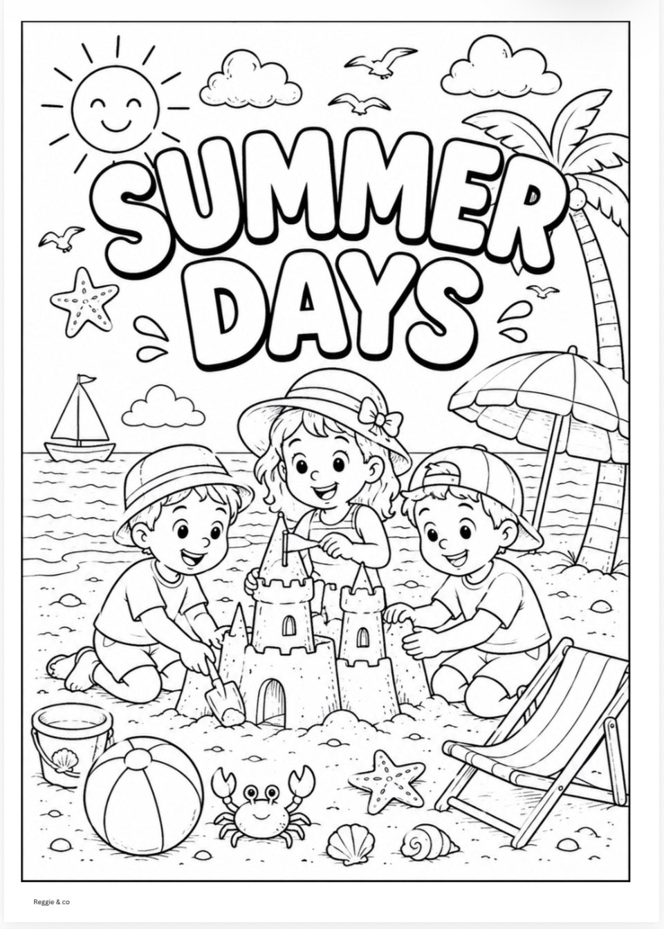Coloring page with children building a sandcastle on a beach, featuring the text 'Summer Days'.