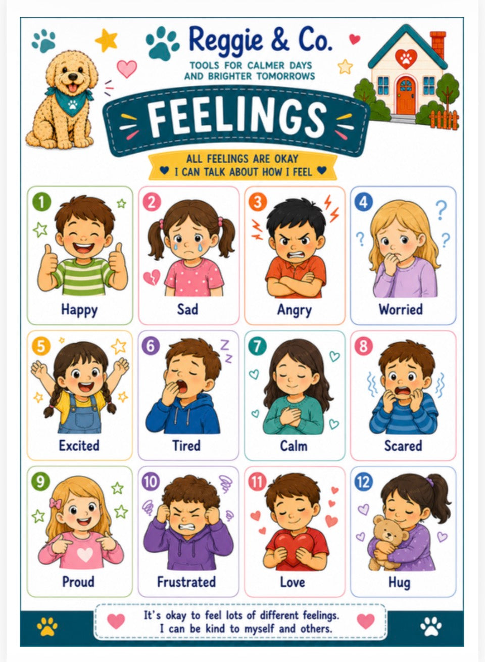 Reggie & Co. 'Feelings' educational chart featuring 12 illustrated faces representing different emotions, with text supporting emotional well-being and a small dog illustration at the top.