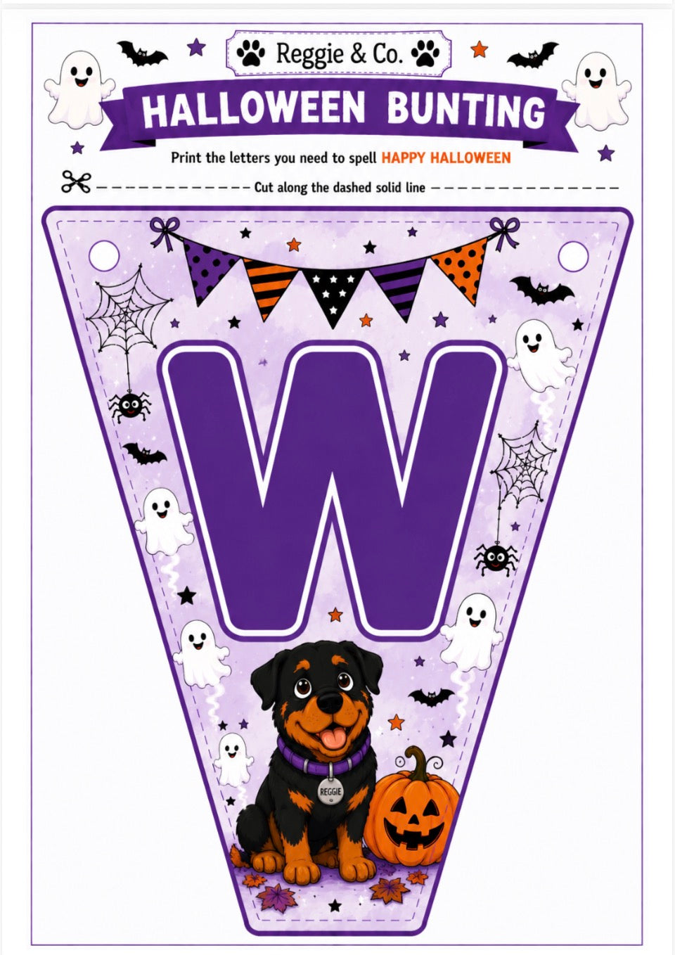 A printable Halloween bunting letter 'W' banner template from Reggie & Co. The design features a large purple letter 'W' on a light lavender background decorated with ghosts, bats, spiderwebs, and a Rottweiler dog next to a jack-o'-lantern.