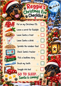 A festive Christmas Eve checklist poster titled 'Reggie's Christmas Eve Checklist' featuring a Rottweiler named Reggie at the top and bottom, surrounded by holiday decorations like Santa hats, gifts, a tree, and sleigh. The center contains a list of holiday activities with checkboxes, set against a snowy village background.