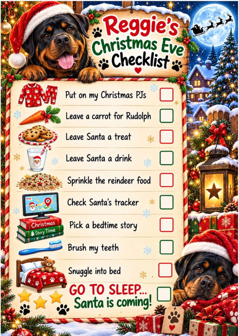 A festive Christmas Eve checklist poster titled 'Reggie's Christmas Eve Checklist' featuring a Rottweiler named Reggie at the top and bottom, surrounded by holiday decorations like Santa hats, gifts, a tree, and sleigh. The center contains a list of holiday activities with checkboxes, set against a snowy village background.