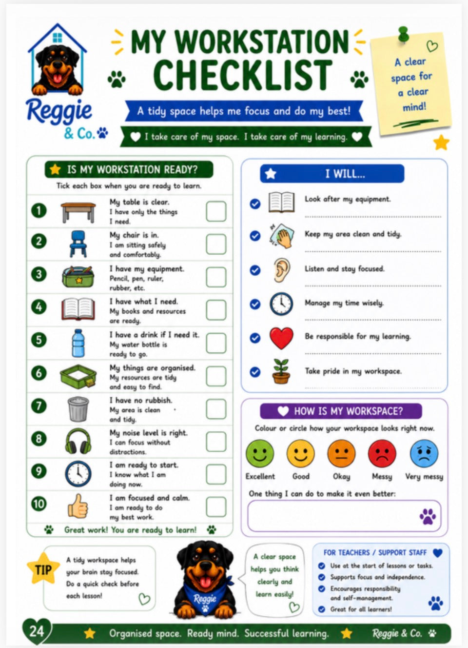 A printed checklist poster titled 'MY WORKSTATION CHECKLIST' with the Reggie & Co logo. The page has a white background, green headers and footers, colorful icons, and sections for readiness checks, goals, and emoji ratings.