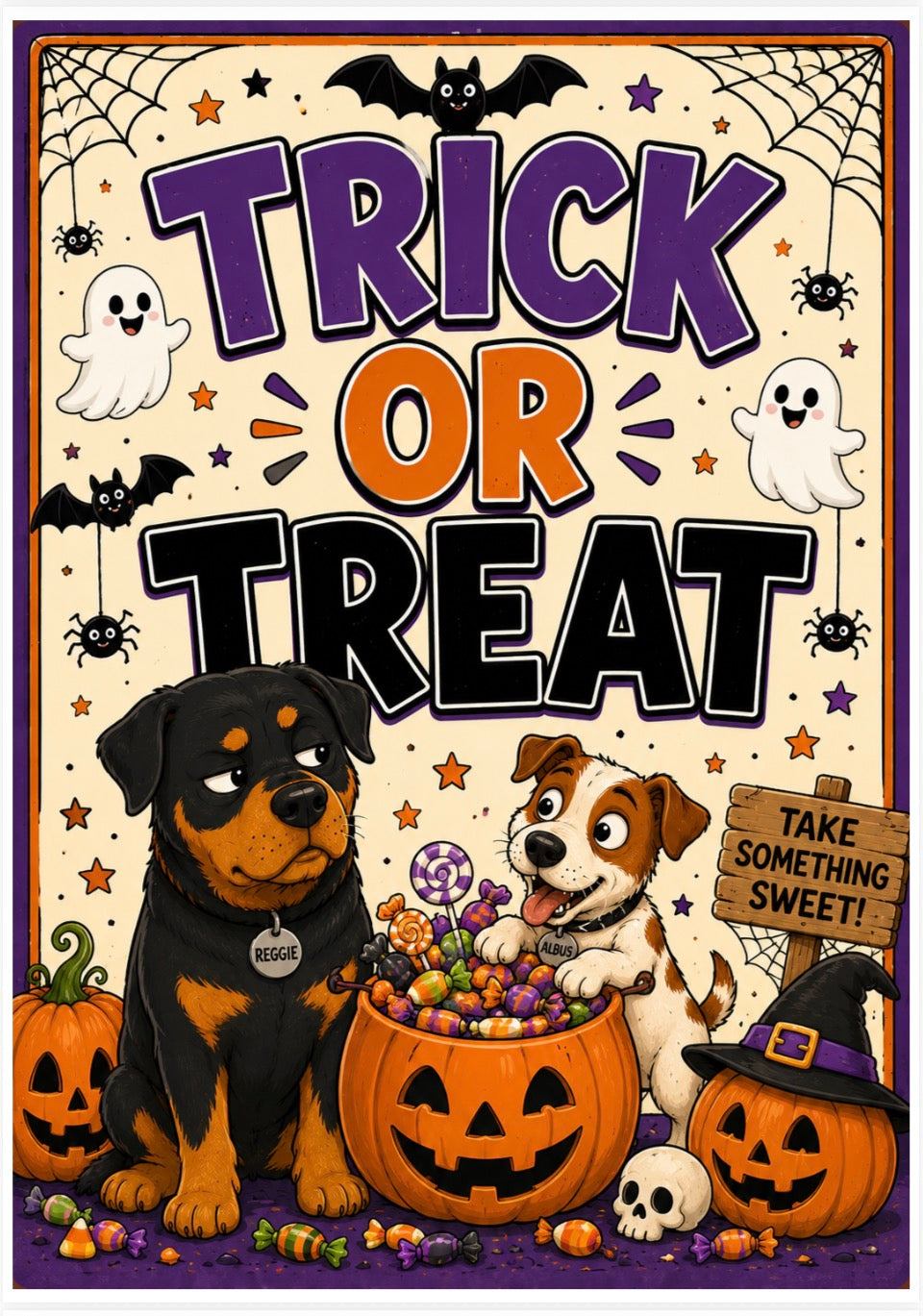 A festive Halloween graphic with the words “TRICK OR TREAT” in large purple and orange lettering. Two dogs are shown at a pumpkin bowl filled with candy, surrounded by jack-o'-lanterns, ghosts, spiders, stars, and a small sign reading “TAKE SOMETHING SWEET!” The design has a cream background with purple borders and is clearly illustrated rather than photographed.
