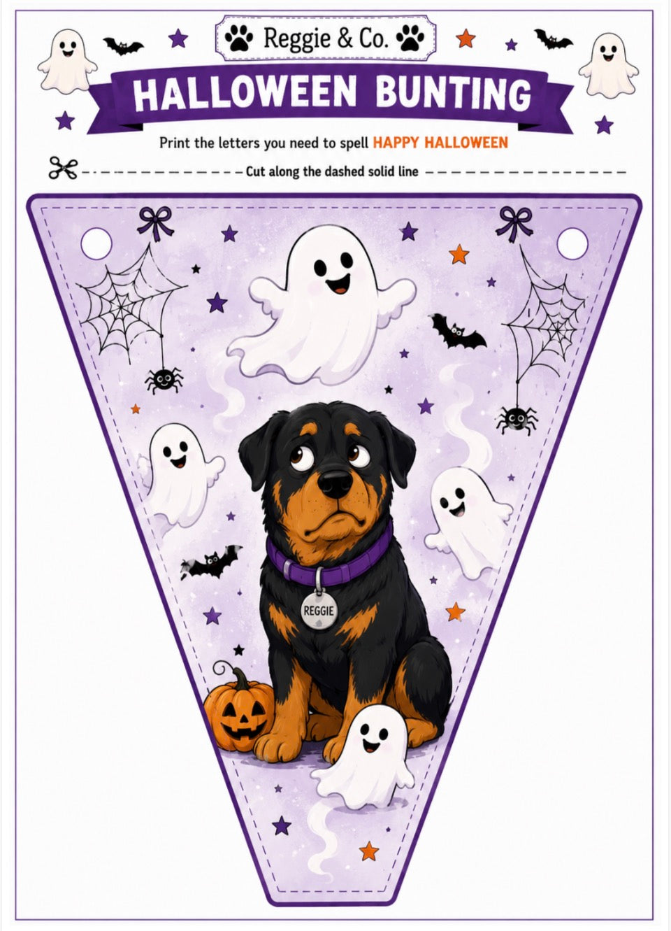 A printable Halloween bunting banner design sheet from Reggie & Co. featuring a large triangular pennant with a cartoon Rottweiler wearing a purple collar, surrounded by ghosts, spiders, bats, pumpkins, and stars on a lavender background.