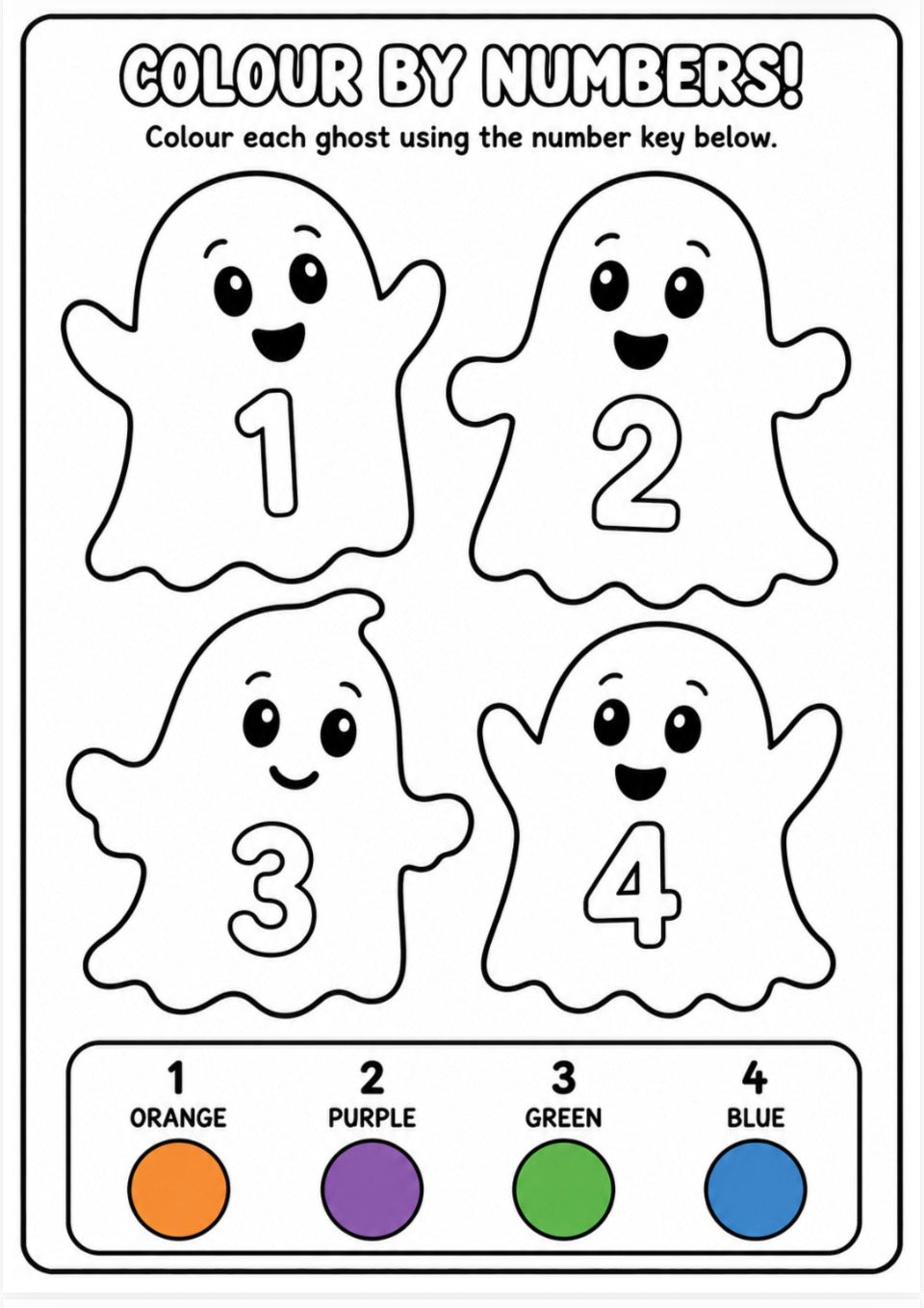 A children's coloring worksheet titled 'COLOUR BY NUMBERS!' with four outlined ghost shapes numbered 1 to 4, plus a color key at the bottom showing orange, purple, green, and blue.