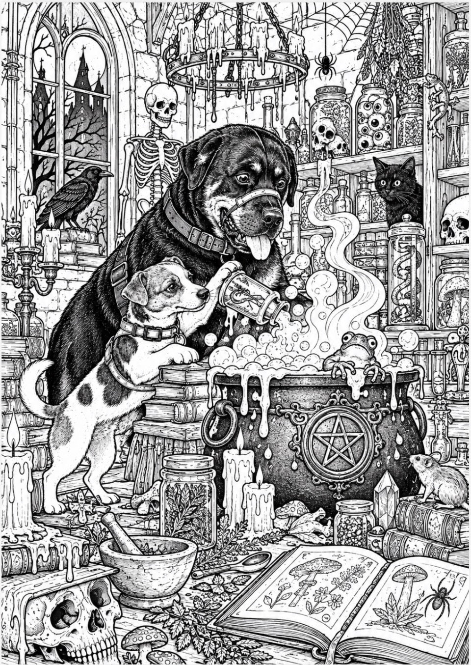Black and white gothic illustration featuring a large black dog and a small spotted dog around a cauldron with bubbling liquid, surrounded by occult props including jars, skulls, an open book, candles, and a skeleton in a room.