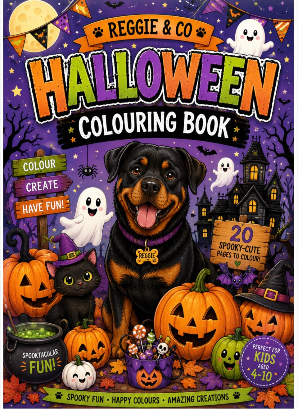 Front cover of the 'Halloween Colouring Book' by Reggie & Co, featuring a black and tan dog wearing a purple collar with the name 'REGGIE' on a Halloween-themed background with pumpkins, ghosts, a witch cat, and a haunted house.