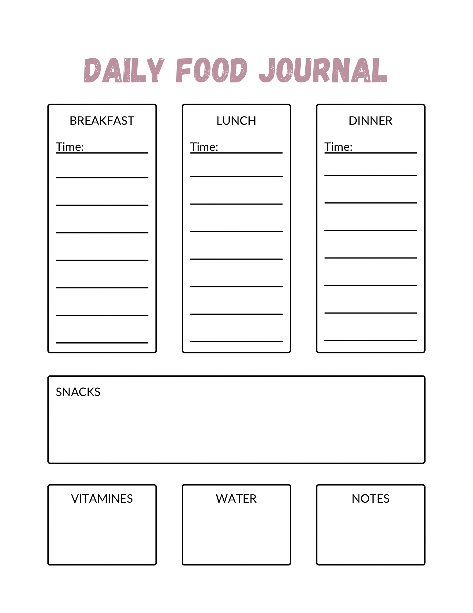 Daily food journal PDF printable download