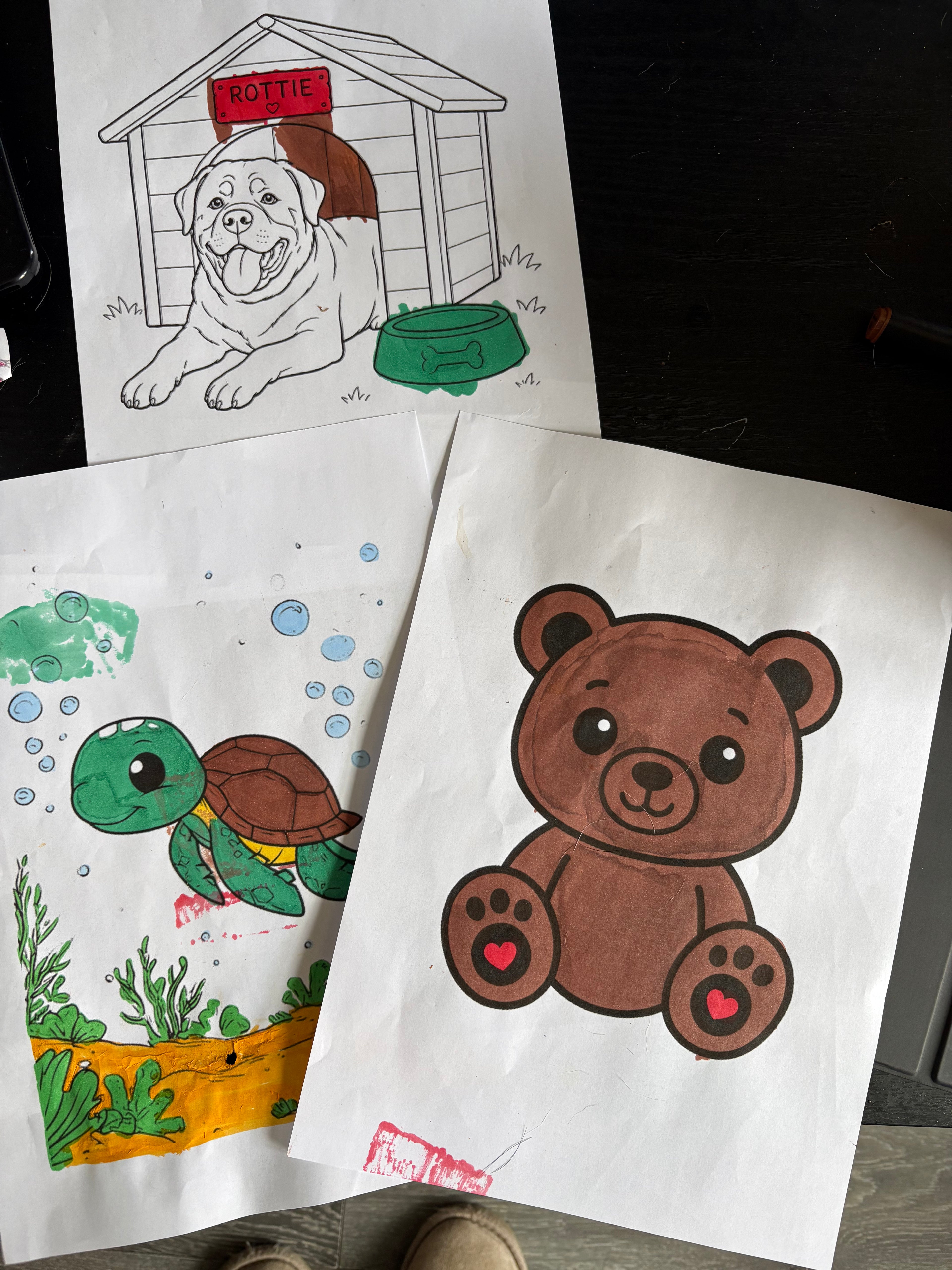 Three coloring sheets featuring a dog, turtle, and bear on white paper.